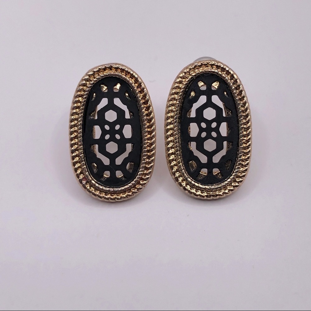 Two-tone Gold Edge Black Filagree Designed Center Earrings